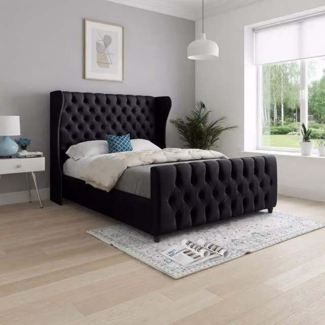 KDMD Keysoe King Size Upholstered Designer Bed Frame in Black Soft Velvet – 1