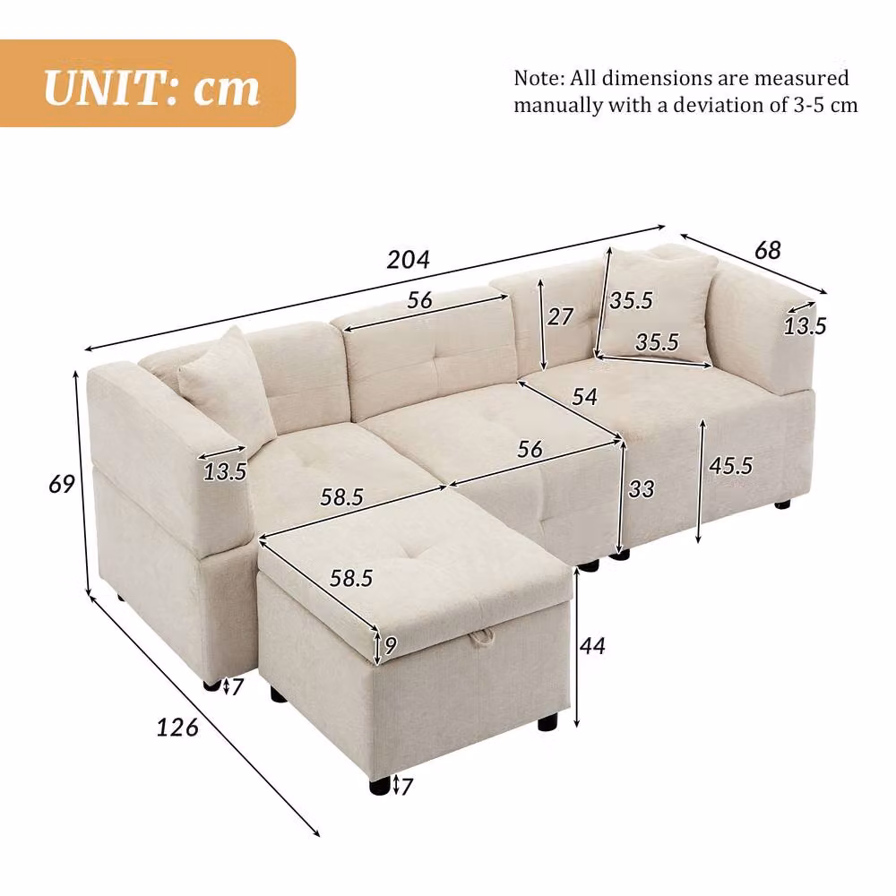 Tokpiedi 3 Seater Reversible L-Shape Corner Sofa with Storage Ottoman in Beige Linen Fabric – 2