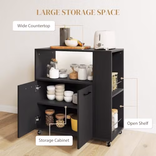 HOMCOM Kitchen Trolley on Wheels with 2-Door Cabinet, Black, W/D/H: 75 x 40 x 80.5 cm – 2