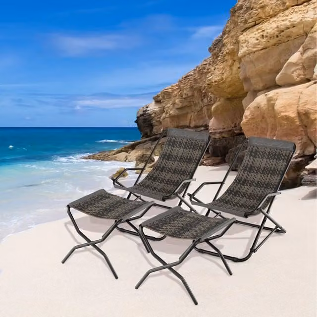 Costway Modern Abstract Rattan and Metal Outdoor Folding Sling Chair for Adults in Grey