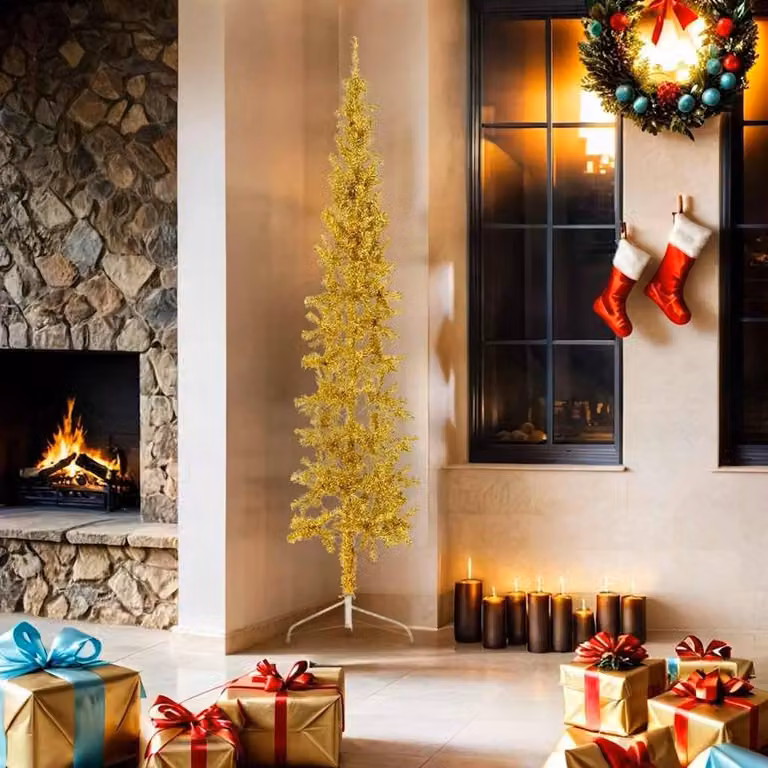 Berkfield Home Slim Artificial Gold Half Christmas Tree with Stand, Height: 180 cm