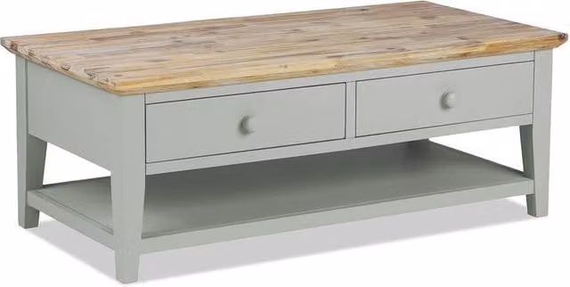 Statement Furniture Florence Coffee Table with Drawers in Light Green Acacia Wood, W/D/H: 120 x 45 x 66 cm
