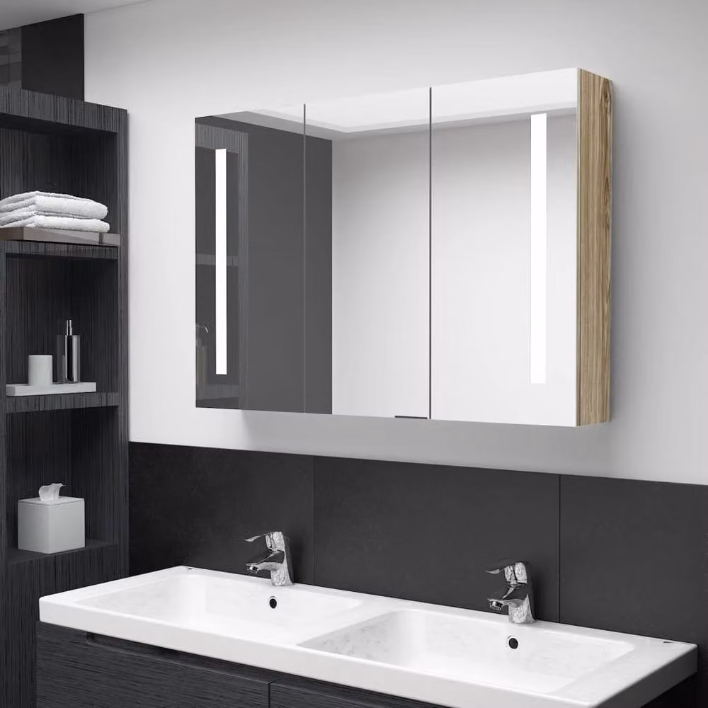 Berkfield Home LED Bathroom Mirror Cabinet in Oak Light Tan, W/D/H: 89 x 14 x 62 cm – 2