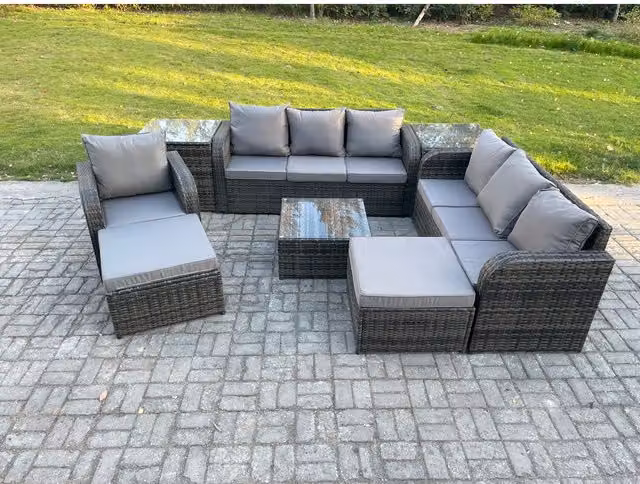 Fimous 9 Seater Rattan Garden Furniture Set in Grey with U-Shape Sofa, Coffee Table and Ottoman