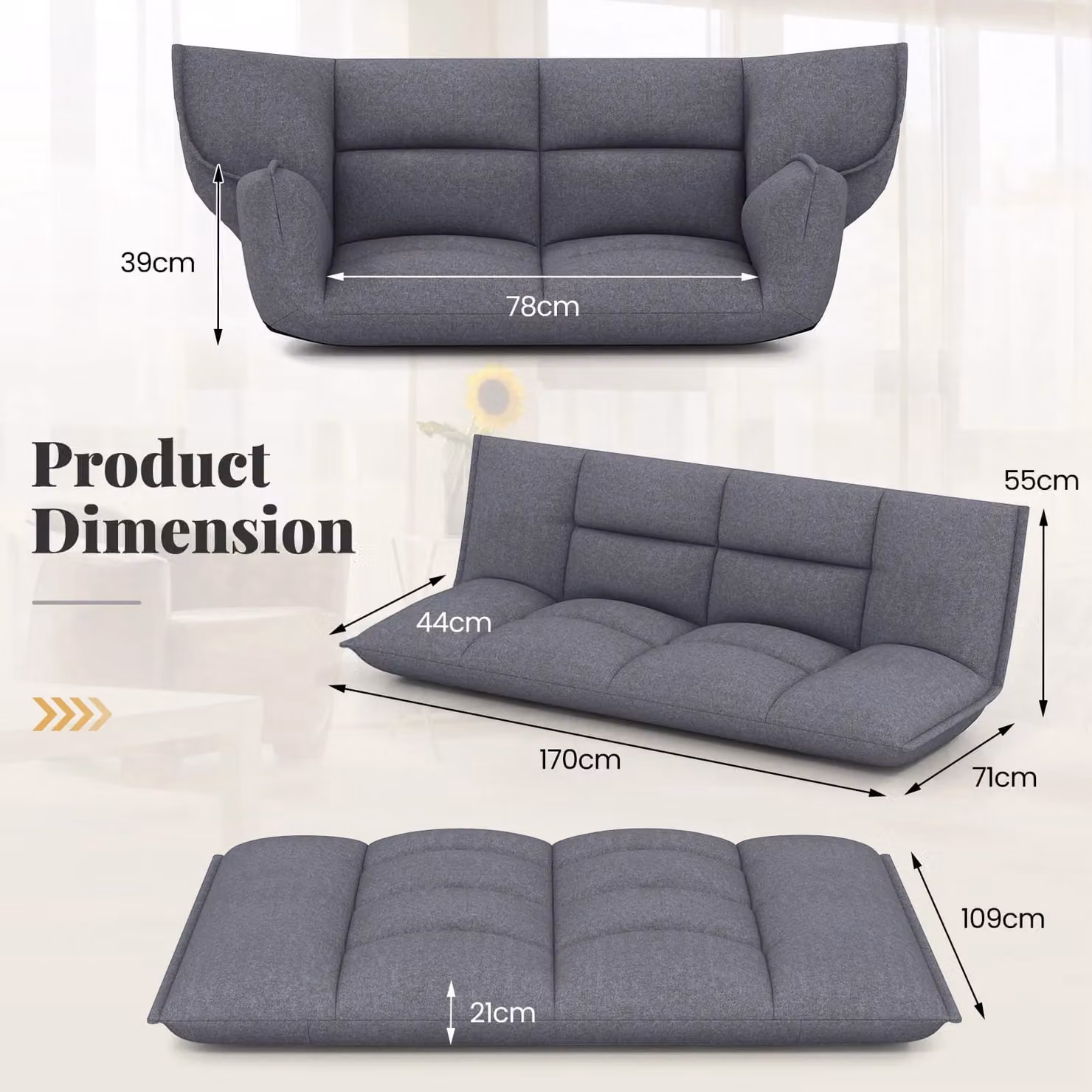 Gymax Grey Fabric Floor Sofa Bed with 5-Position Adjustable Backrest, Armrests and Metal Frame – 2