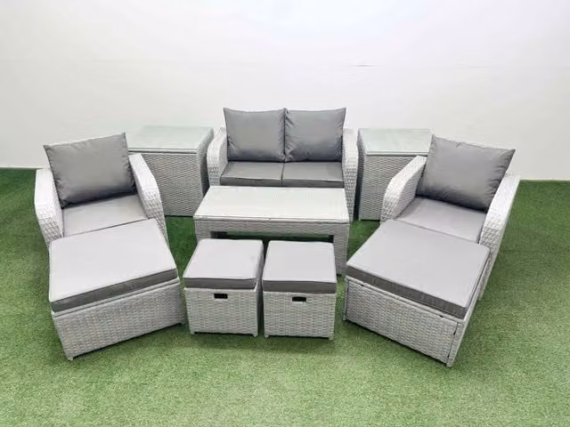 Fimous PE Wicker Rattan Garden Furniture Set in Light Grey with Coffee Table, 2 Seater Sofa, Armchair and Ottoman