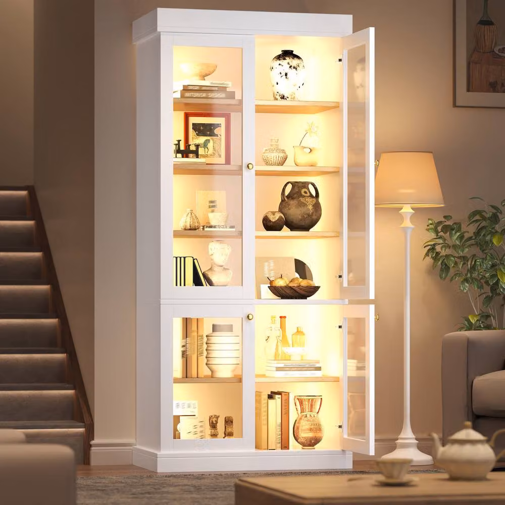 Matteo Modern Tall Display Cabinet with Glass Doors and Integrated LED Lighting in White – 3
