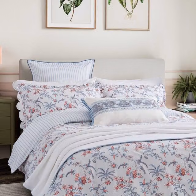 Bedeck of Belfast Seren Super Kingsize Reversible Floral Cotton Percale Duvet Cover and Pillowcase Set, Blue/Pink/Multicolour, W: 200 cm x L: 200 cm