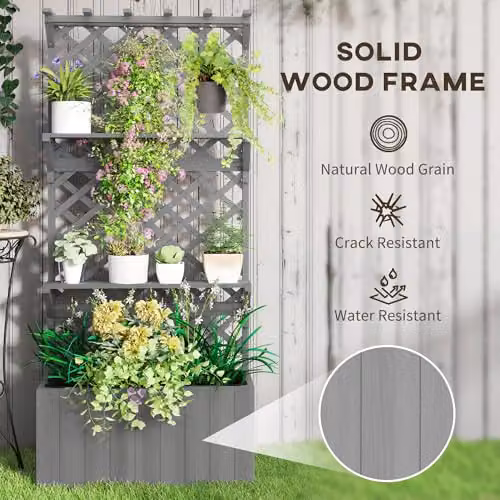 Outsunny Grey Wooden Raised Planter with Trellis and 2 Shelves – 6