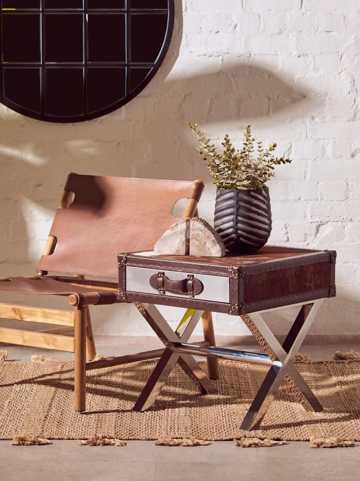 Orsina Brown and White Genuine Cowhide One Drawer Table with Metal Accents, W/D/H: 55 x 55 x 52 cm – 3