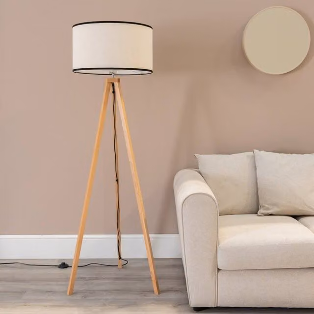 ValueLights Barbro Wood Tripod Floor Lamp with Natural Beige Fabric Cylinder Shade in Black, H 151 cm x W 45 cm