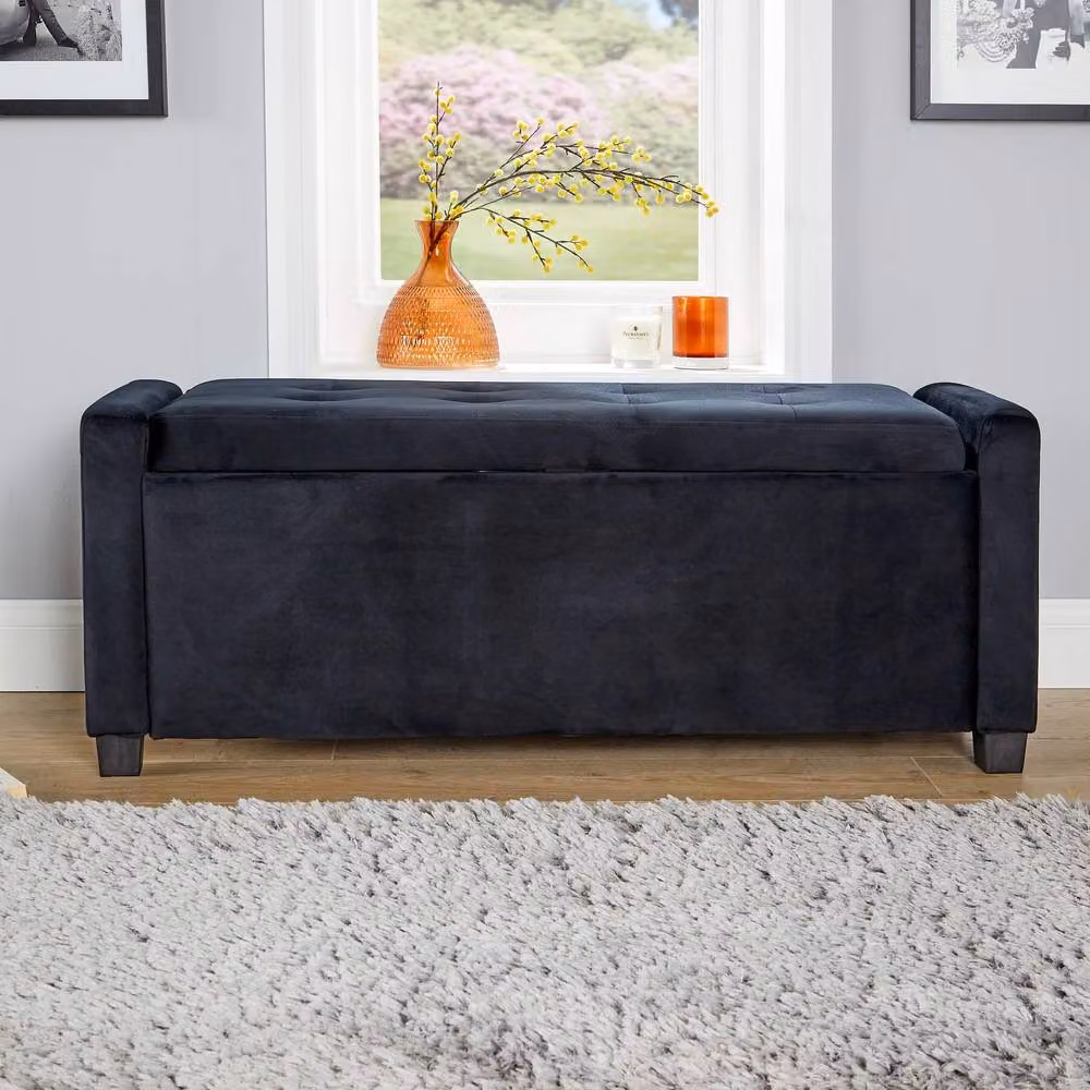 Home Source Black Velvet Ottoman Window Seat Bench with Hidden Storage – 2