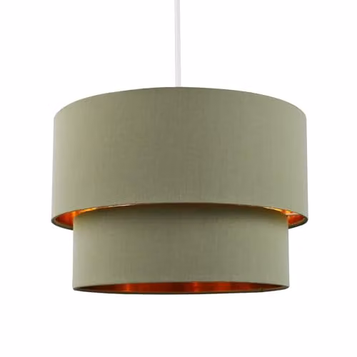 Happy Homewares Modern Round Cotton Fabric Double Tier Ceiling Pendant Lamp Shade in Green with Copper Inner, W: 20 cm, H: 30 cm