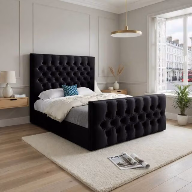 KDMD Rothwell Chesterfield Upholstered Black Velvet Designer Bed Frame W/D/H: 137 x 120 x 83 cm – 1