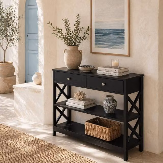Wyld Haus Kafa Black MDF Console Table with X Frame, 2 Drawers and 2 Shelves, W: 100 cm, H: 80 cm – 1