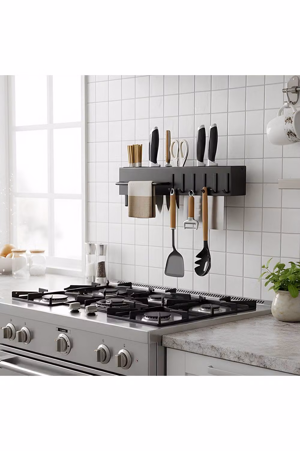 Living and Home Black Metal Wall-Mounted Multi-functional Kitchen Utensil Storage Rack Organiser – 2