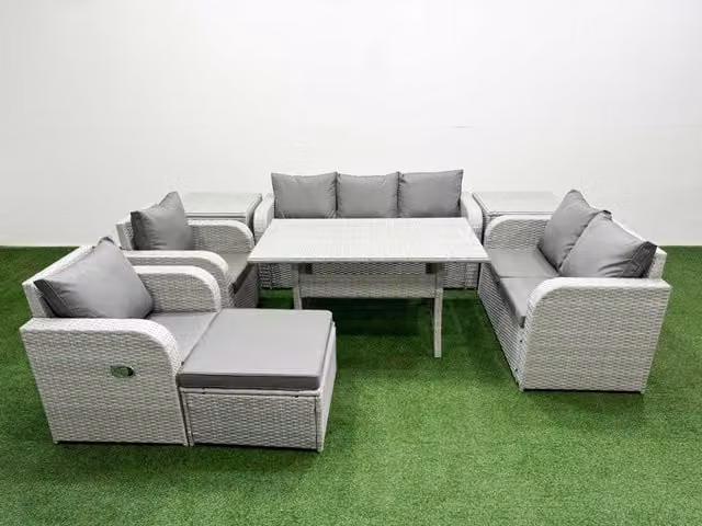 Fimous Grey PE Rattan Garden Furniture Set with Reclining Chairs, Double Love Seat, Rectangular Dining Table and Footstool