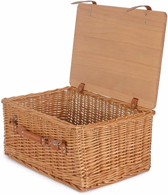 Red Hamper Small Double Steamed Empty Wicker Picnic Basket with Pinewood Lid in Brown