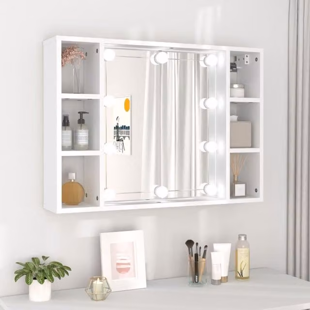Berkfield Home White LED Mirror Cabinet with Hinged Doors, W/D/H: 76 x 15 x 55 cm