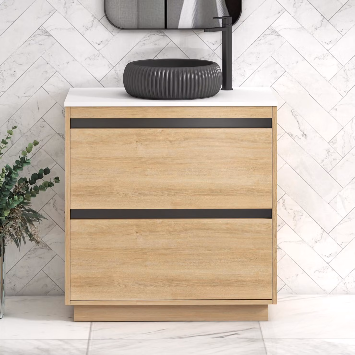 Royal Bathrooms Orion 800mm Natural Oak Floor Standing 2 Drawer Vanity Unit with Milan Black Basin and Black Accent Trim