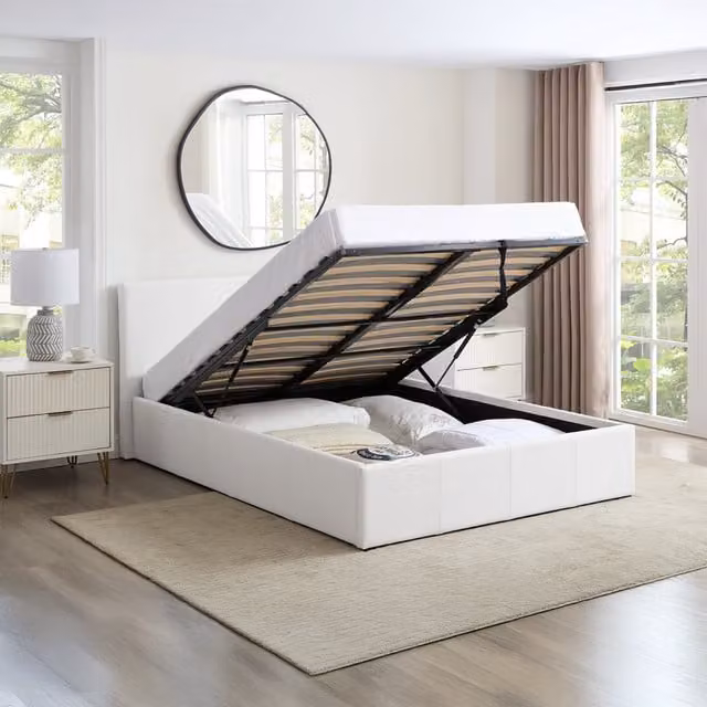 Luna 5ft Kingsize Ottoman Bed in White Faux Leather with Gas Lift Storage Frame