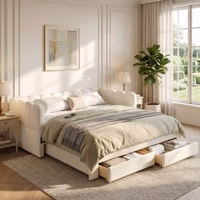 Merax Beige Linen Extendable Daybed with 2 Storage Drawers and USB Ports, W/D/H: 90 x 190 x 48 cm