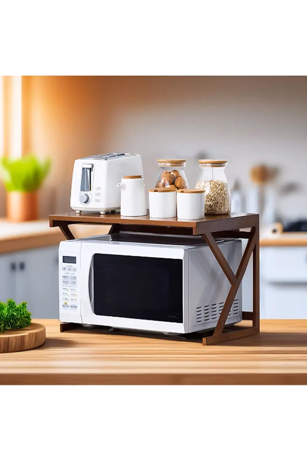 Living and Home 2-Tier Free Standing Wooden Kitchen Storage Shelf and Microwave Rack in Brown – 2
