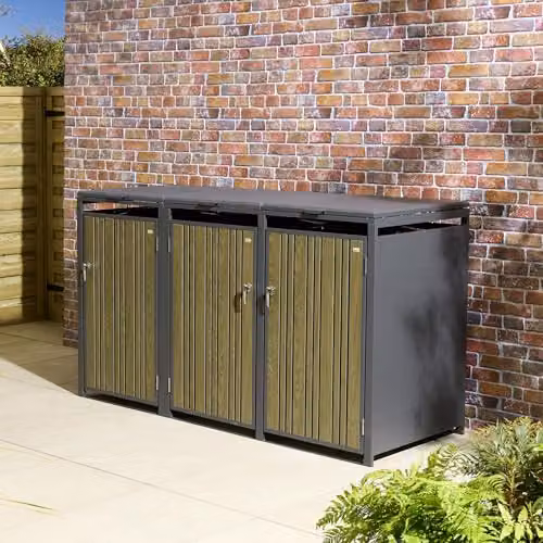 Rowlinson Wimbledon Triple Bin Store in Grey Coated Steel, W200.5 x D81 x H116.5 cm