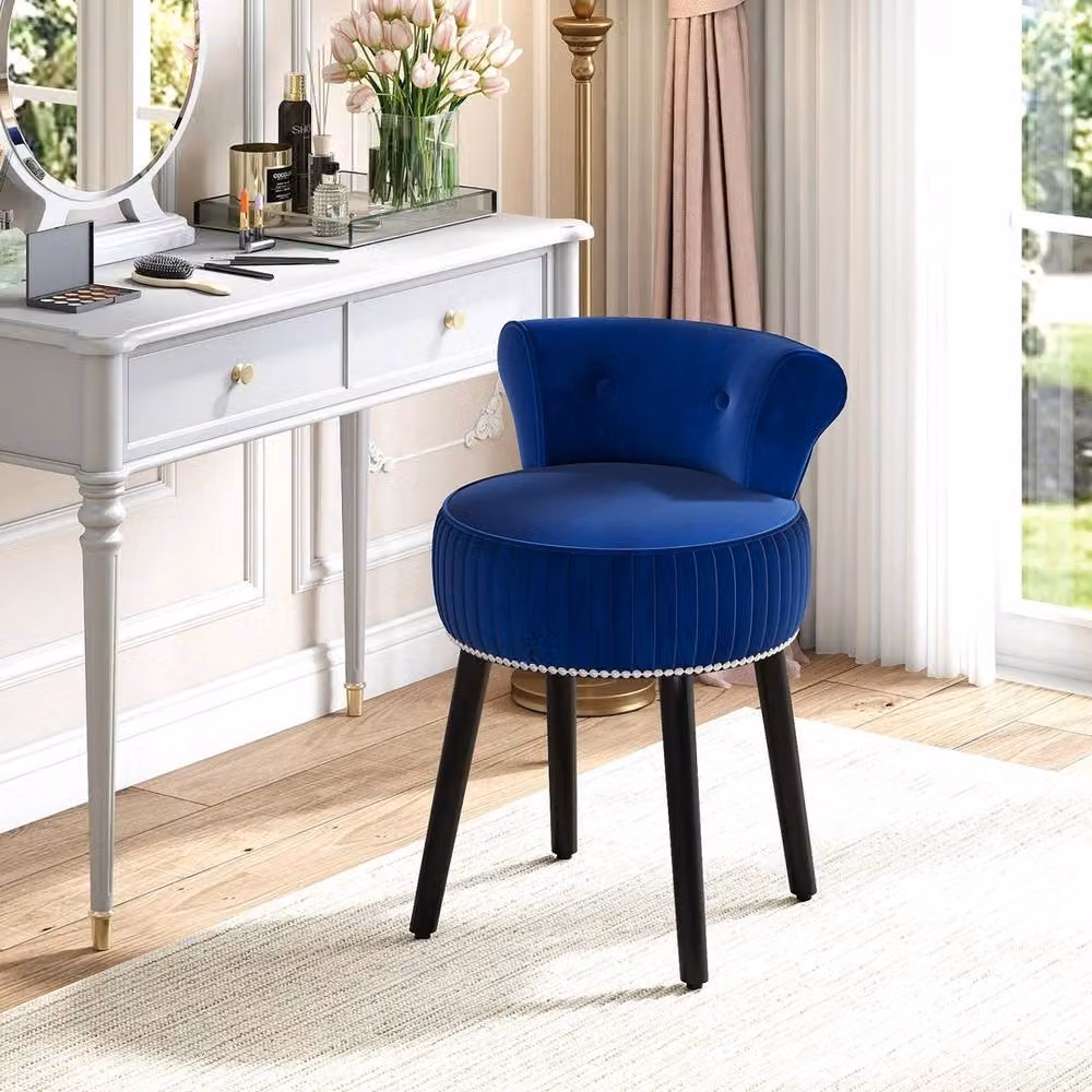 VOGREX Tufted Upholstered Vanity Stool with Rubberwood Legs in Blue – 4