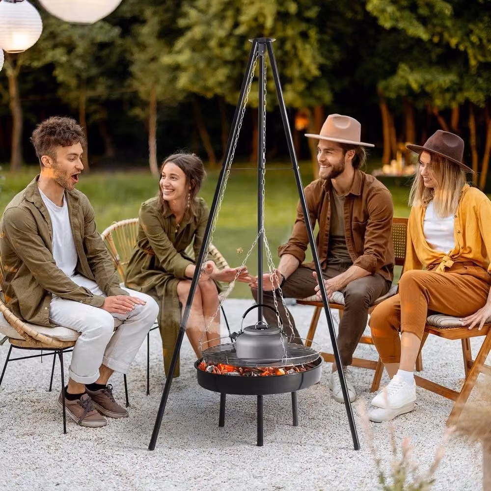 PAWNORA Camping Fire Tripod Grill with Black Grate and Bowl in Black Steel and Stainless Steel – 4