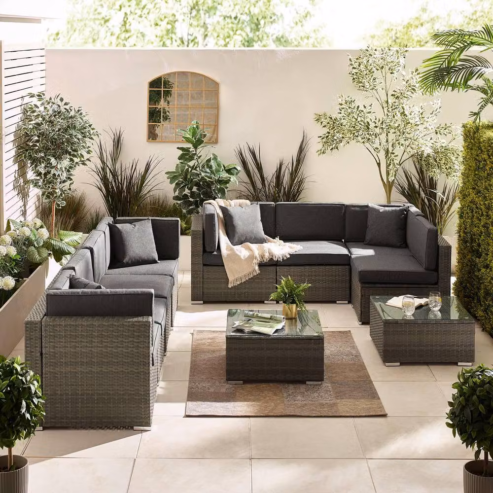 FurnitureboxUK Orlando 8 Seat Modular Outdoor Garden Rattan Sofa Set in Grey with Upholstered Cushions and Coffee Table – 2