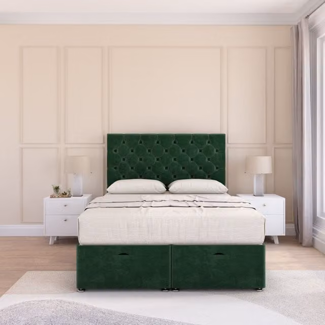 Sloomy Mayfair Super King Ottoman Bed with 26 Inch Headboard and Hybrid Memory Mattress in Emerald Green