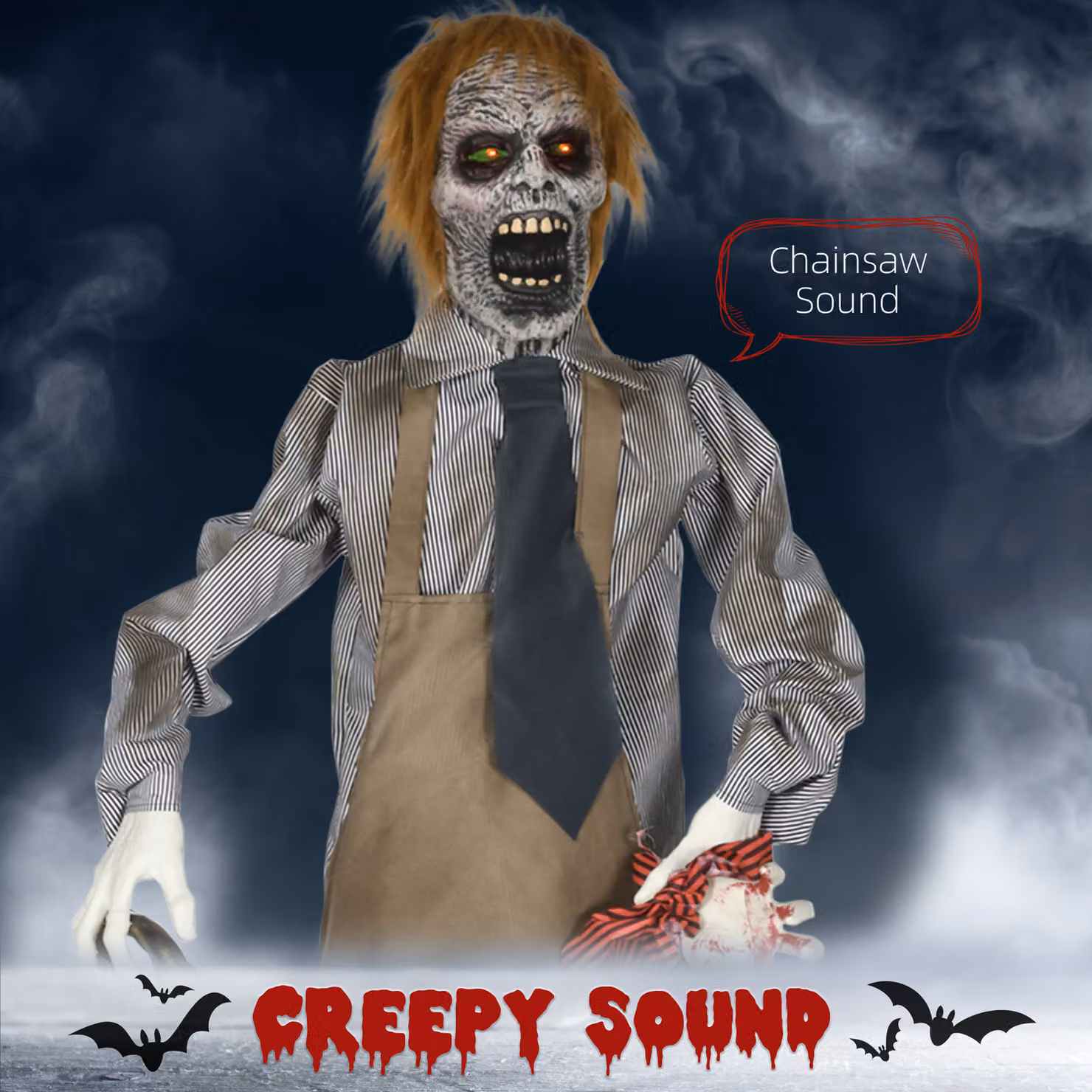 HOMCOM Life Size Halloween Animatronic Standing Chainsaw Killer with Light Up Eyes and Sound Activated Moving Body, Red and Multicolour – 4