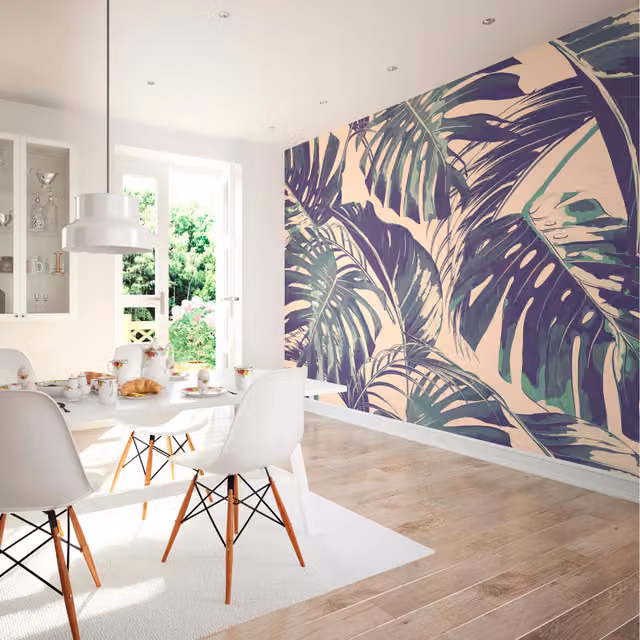 Origin Murals Palm Leaves Floral Wall Mural in Pink, Green and Multicolour