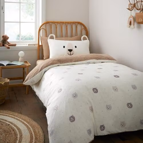 Catherine Lansfield Cosy Bear So Soft Reversible Double Duvet Cover Set with Pillowcases in Natural – 1