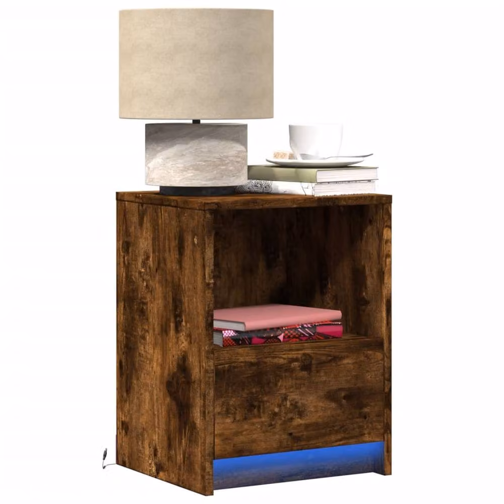 Berkfield Home Set of 2 Modern Bedside Cabinets with Integrated LED Lights in Smoked Oak Brown – 2