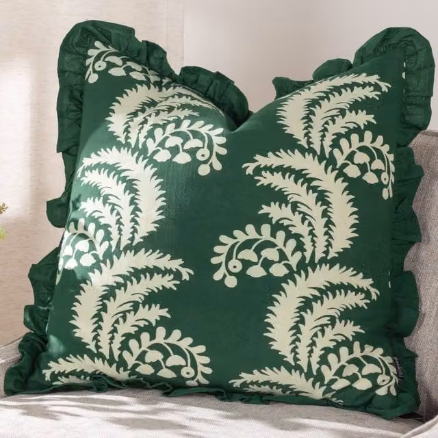 Paoletti Montrose Floral Cotton Square Cushion in Green, W/D/H: 50 x 50 x 50 cm