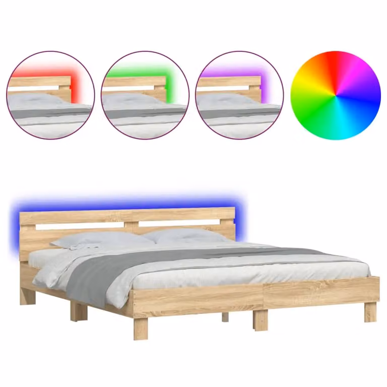 Berkfield Home Super King Bed Frame in Sonoma Oak Brown with LED Under-Bed Lighting and USB Charging Port, W/D/H: 180 x 200 cm