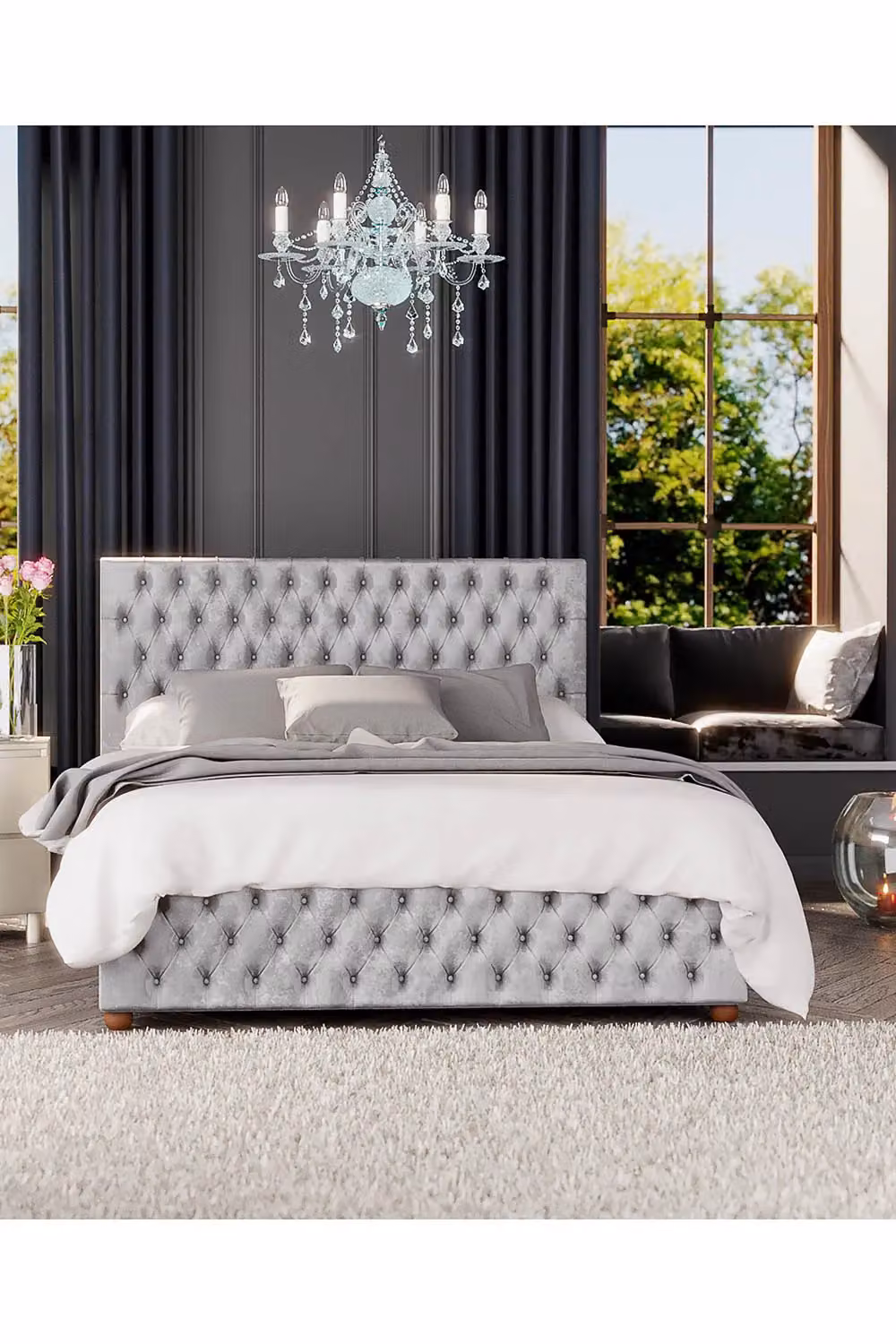 Laurence Llewelyn-Bowen Seren Ottoman Storage Bed in Silver Mirazzi Velvet Fabric, Double W: 140 cm, D: 200 cm – 4