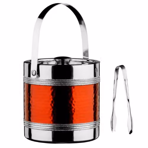 Premier Housewares Stainless Steel Ice Bucket with Lid and Tongs, Silver with Red Hammered Finish