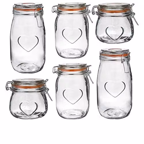 Nicola Spring Heart Design Glass Food Storage Jars with Orange Silicone Seals, Set of 6