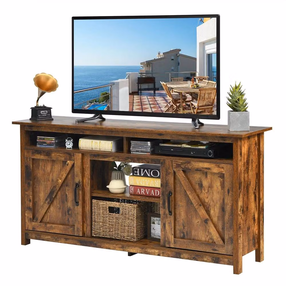 Costway Industrial Entertainment Centre and Fireplace TV Stand for TVs up to 65 inch, Brown – 4