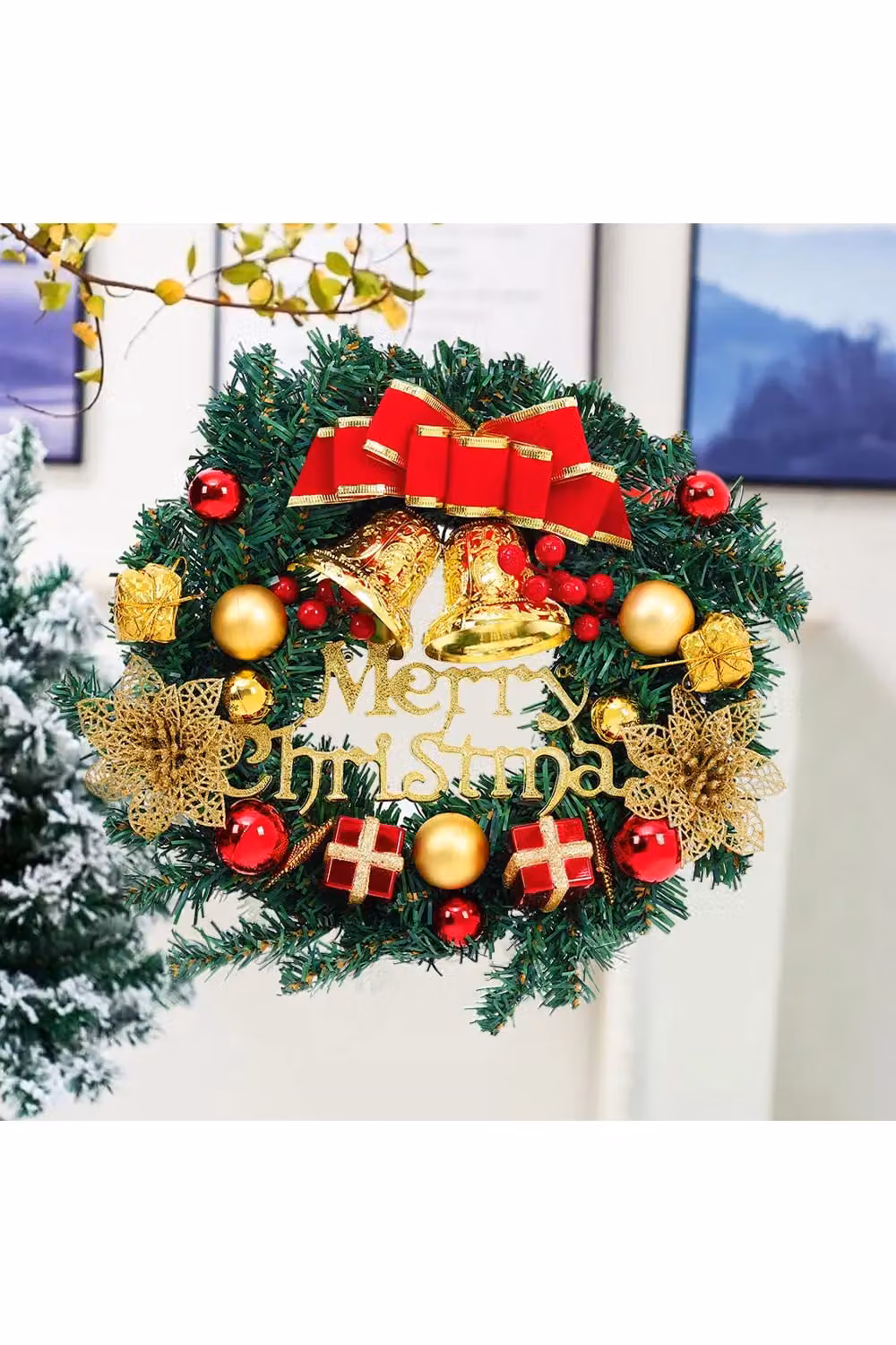 Living and Home Red and Green Artificial Christmas Wreath with Baubles, Bells and Bow Knots, Diameter: 30 cm – 2