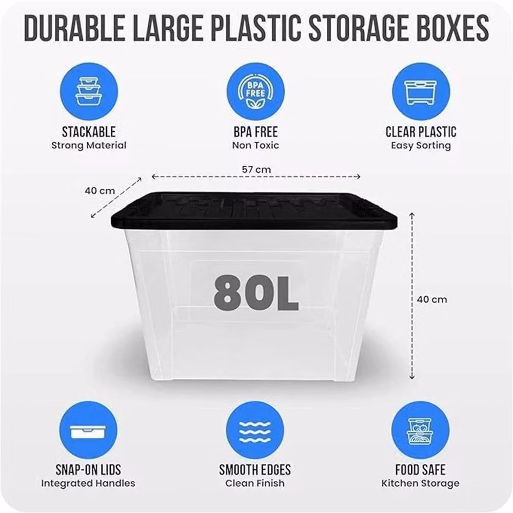 Nordara 3 Pack 80L Clear Plastic Storage Boxes with Black Lids – 2