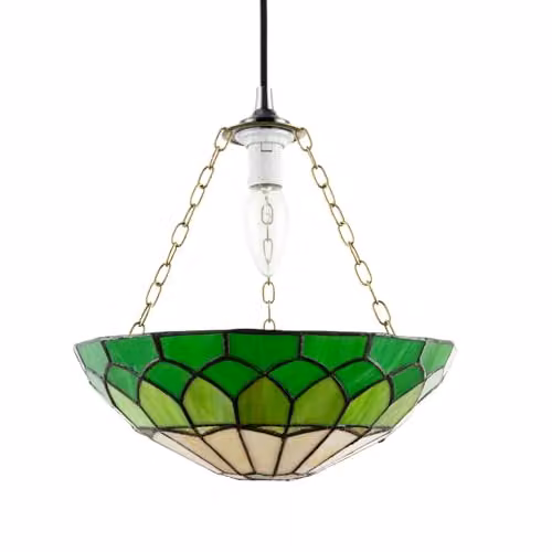 Happy Homewares Amber and Green Stained Glass Domed Tiffany Pendant Lamp Shade with Antique Brass Chain, W: 30 cm, H: 9 cm – 1