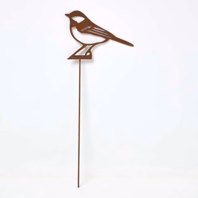 Homescapes Set of 2 Rustic Steel Great Tit Garden Stake Decorations, Brown