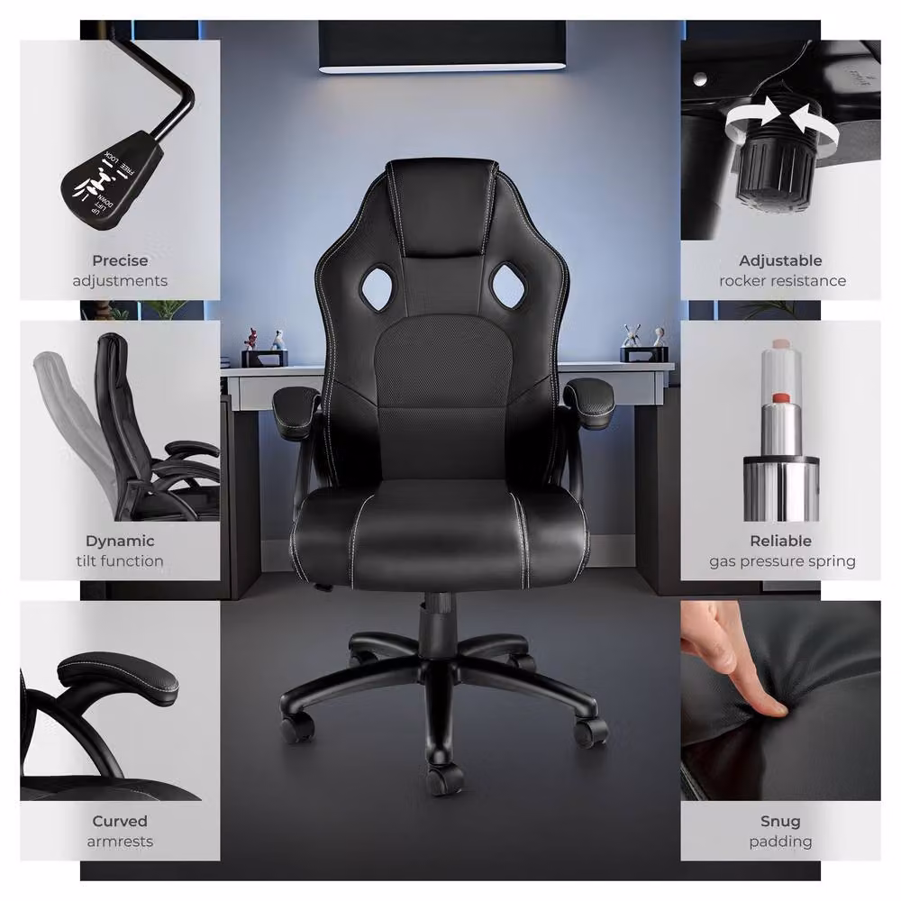 tectake Tyson Ergonomic Gaming Chair in Black with Synthetic Leather and Armrests – 7