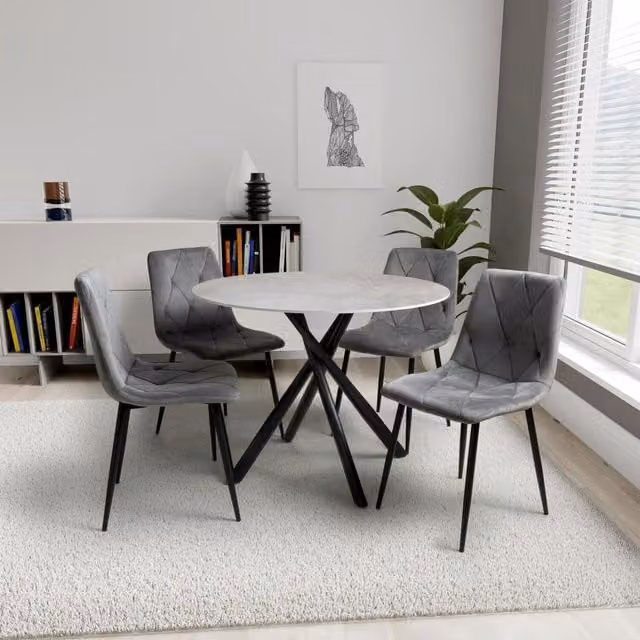 Shankar Avesta Round Glass Dining Set with 4 X-Frame Chairs in Grey and Black