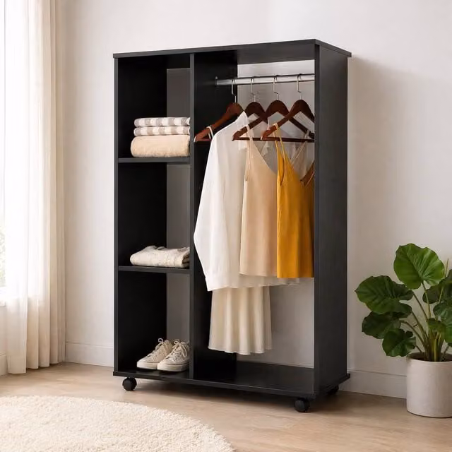 STILVORA Modern Open Wardrobe with Shelves and Clothes Rail in Black – 1