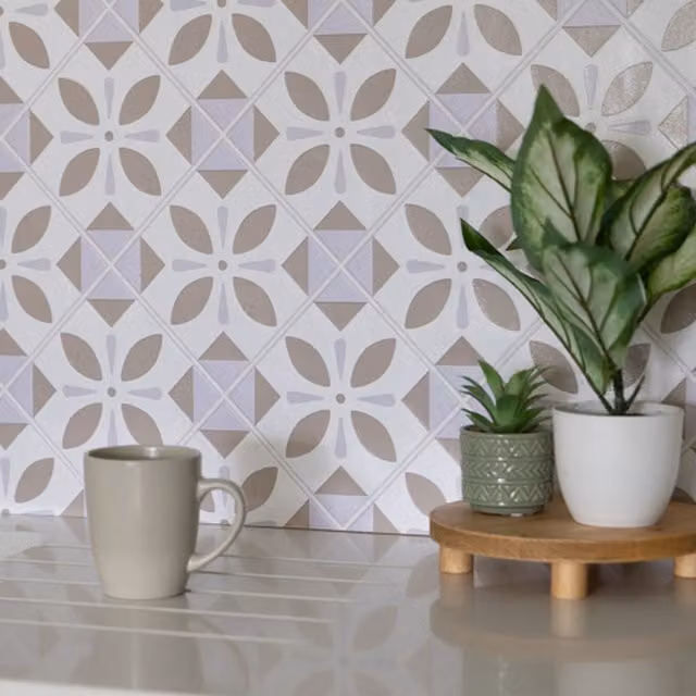 Oriental Element Geometric 3D Splashback Tile Look Vinyl Wallpaper in Beige